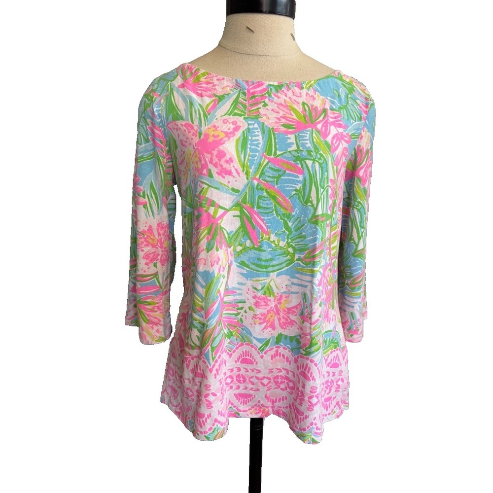 LILLY PULITZER Waverly Lilly of the Jungle Pop Up Top M Cotton Pink Green Boat